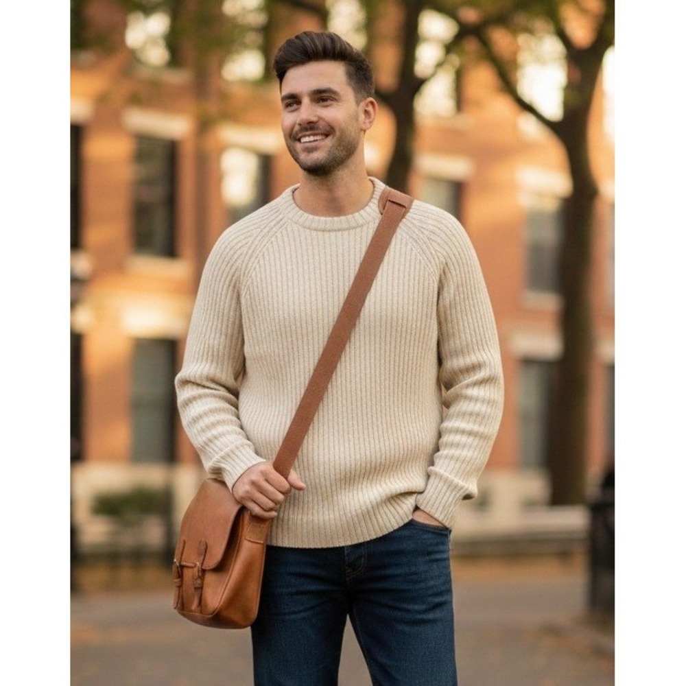 Vintage Woolrich Men's Ribbed Knit‎ Sweater Size M Beige Ramie Cotton Crewneck